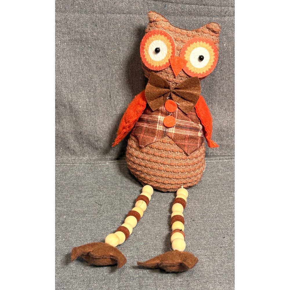 Fall Owl Plush Figurine Plaid Vest Bow Tie Wood Bead Dangle Legs Autumn Decor